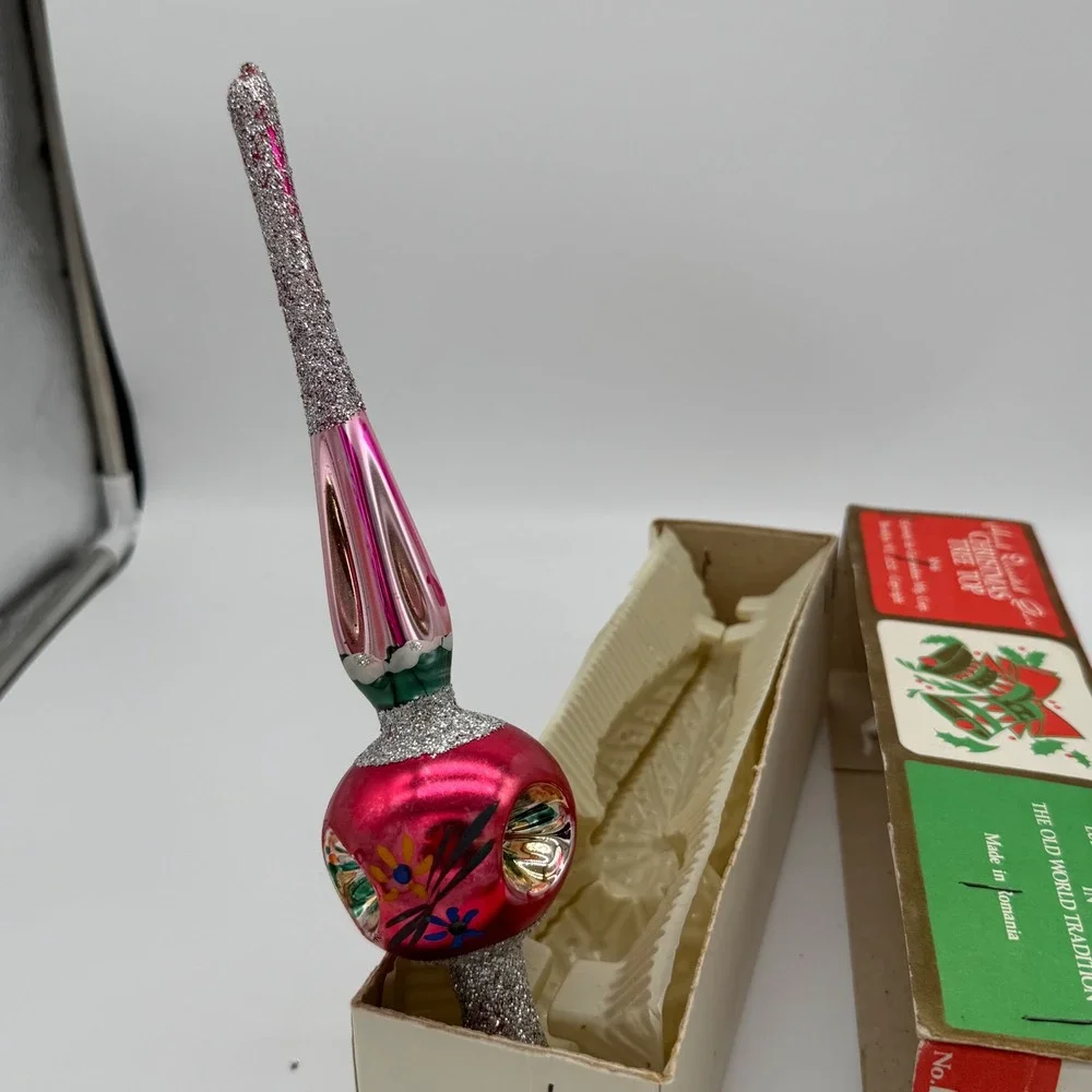 Vintage Commodore Glass Christmas Tree Topper Pink Triple Indent Romania  7220